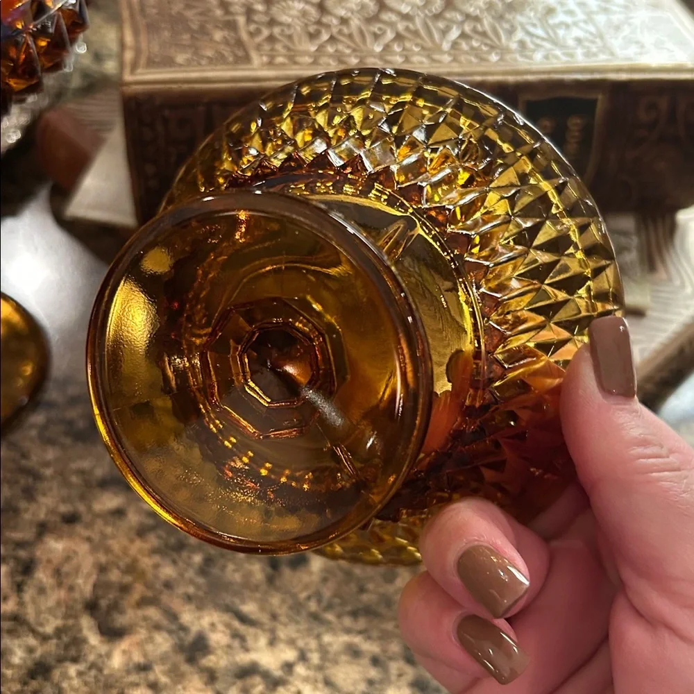 Vintage Indiana Glass Amber Fairy Lamp Tea Light Holder in Diamond Point - Picture 4 of 5